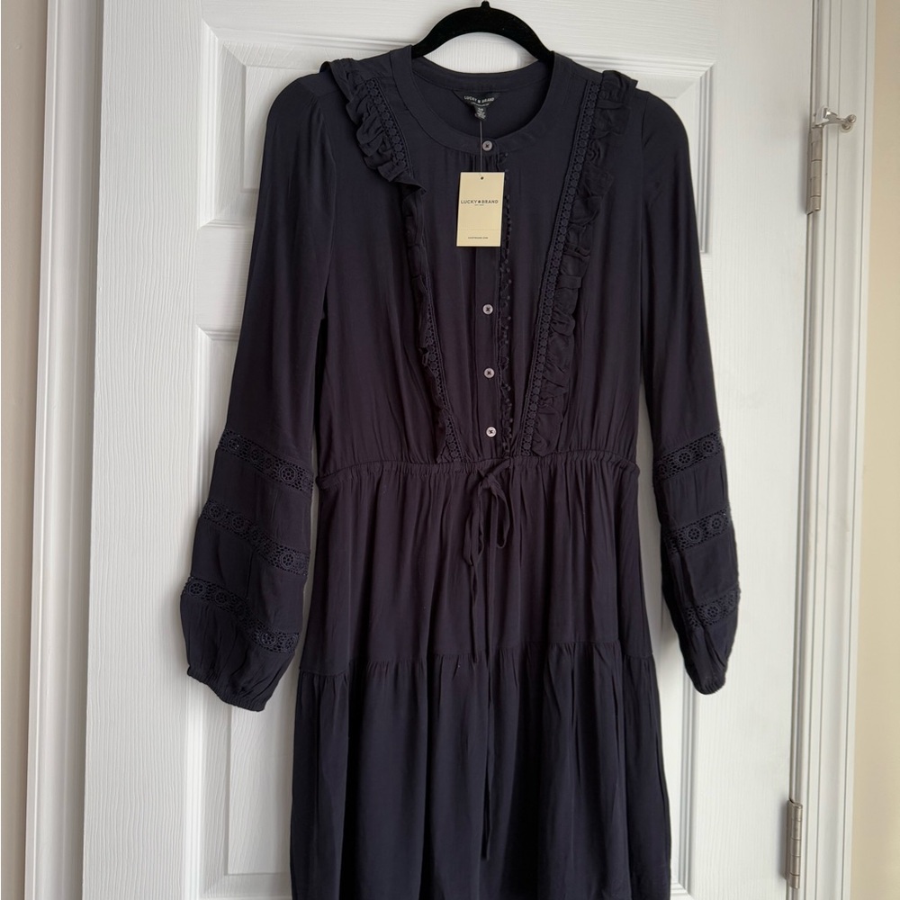 Lucky Brand Blue Midi Dress with Bishop Sleeves